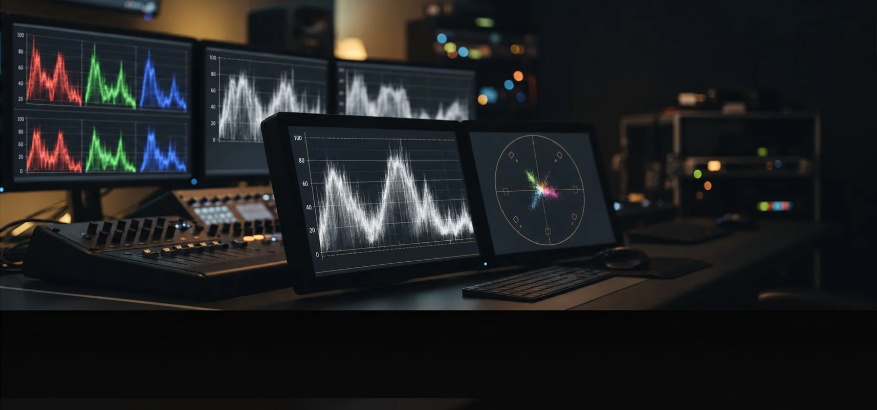 A bank of waveform, vectorscope, and histogram displays glowing in a dark color-grading suite